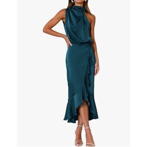 525 Elegant Teal Satin Ruffle Midi Dress | One-Shoulder Draped High Neck